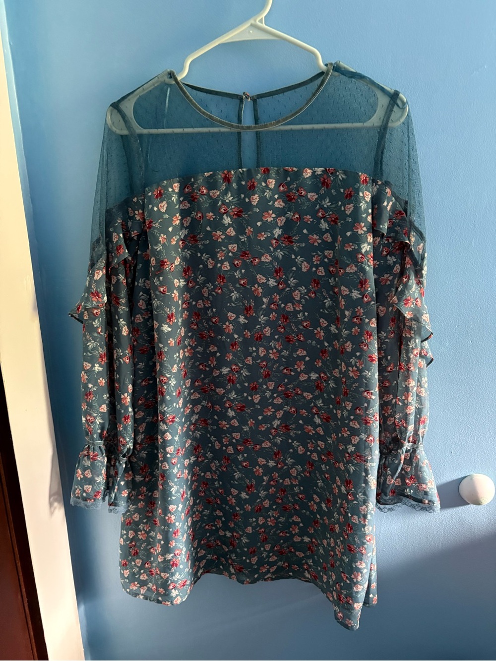 miami Teal Floral Long-Sleeve Mesh Yoke Dress